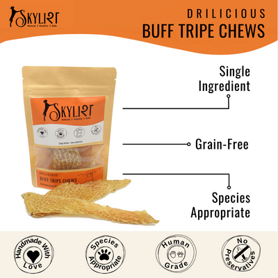 Buff Tripe Chews, Single Ingredient, Single Protein, Species Appropriate, Gluten Free, No Preservatives